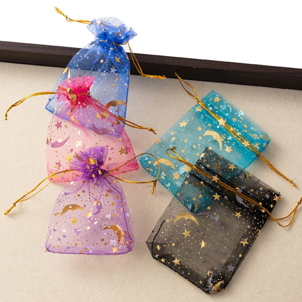 50pcs Mixed Color Moon Star Organza Bags Satin Drawstring Organza Pouch Wedding Party Favor Gift Bag Jewelry Watch Bags Oasis Select