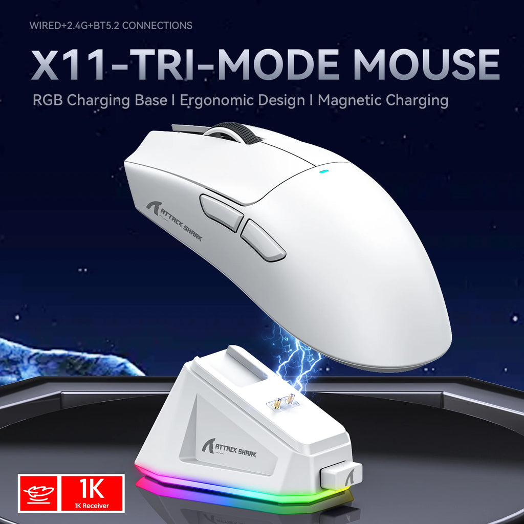 Attack Shark X11 Wireless Gaming Mouse: 3-Mode (2.4GHz/Wired/Bluetooth), PAW3311, 22000DPI, 400IPS, PC Gaming Mouse Oasis Select