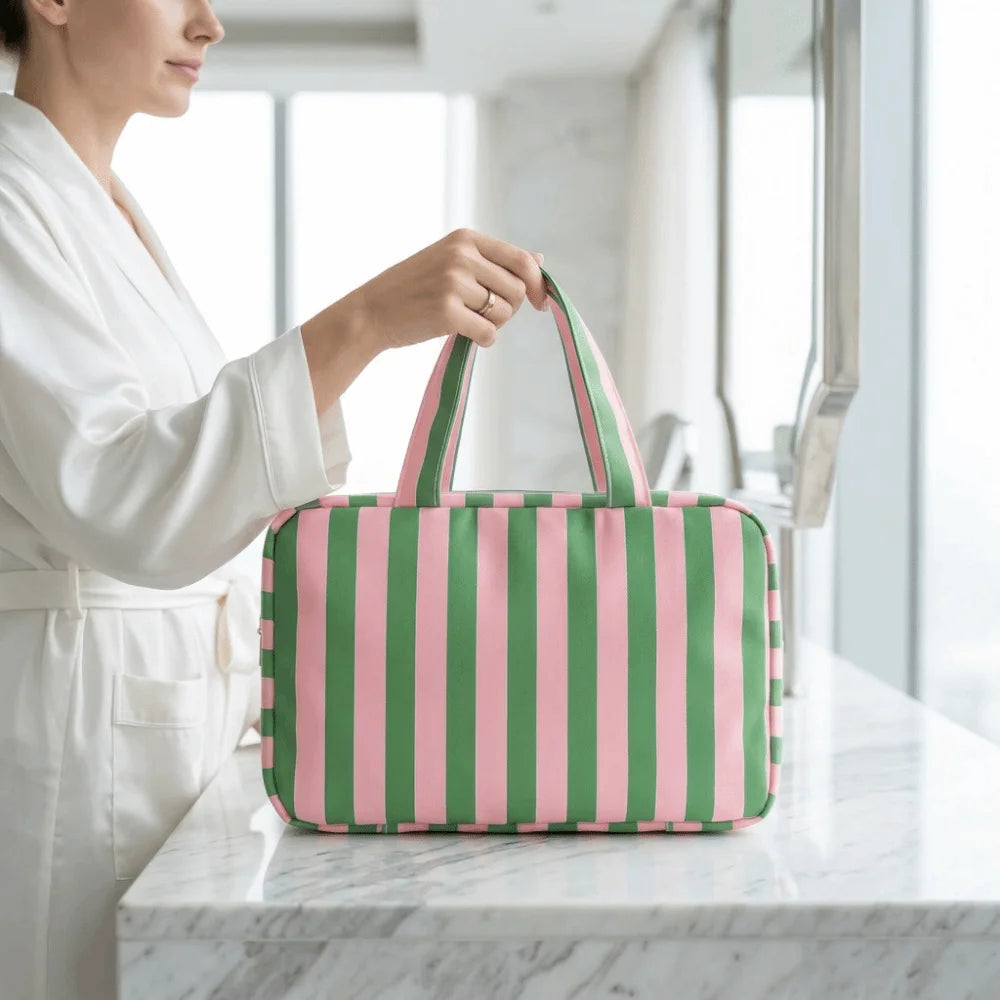Striped Travel Makeup Bag – 4-Layer Large Capacity Organizer