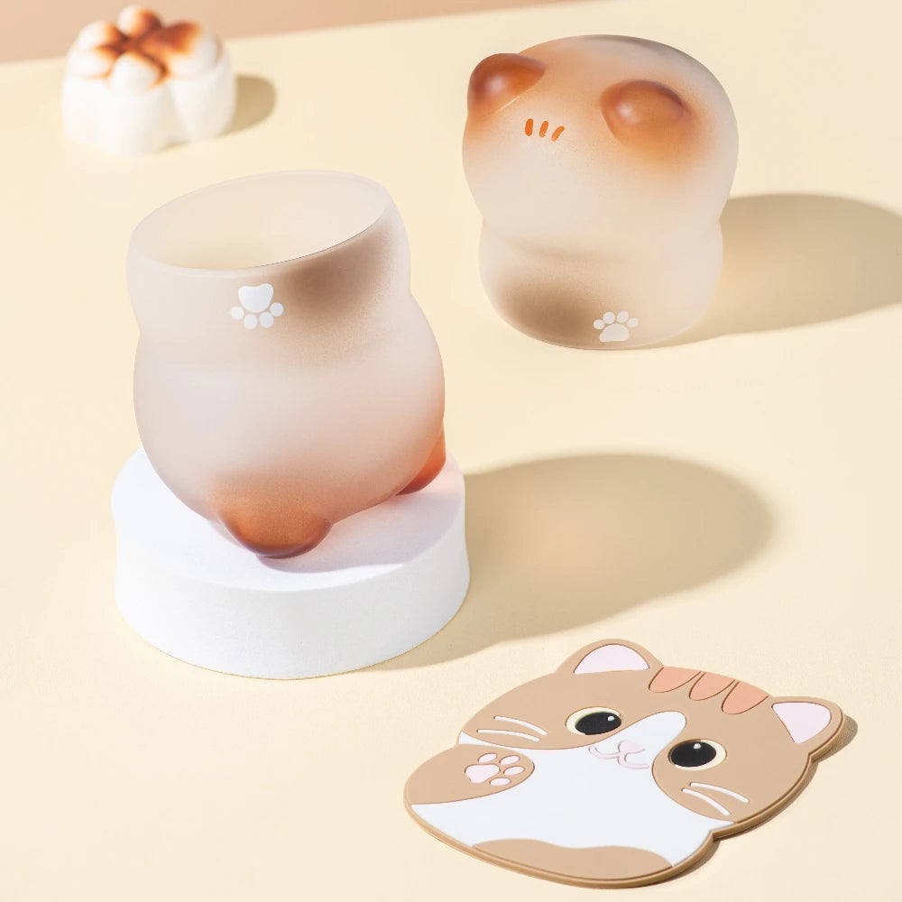Cat Coffee Cup set Cute Glass Mug with Cat Coaster Gift Box Kitchen Dining Table Decoration Juice Coffee Beverage party Cup Gift Oasis Select