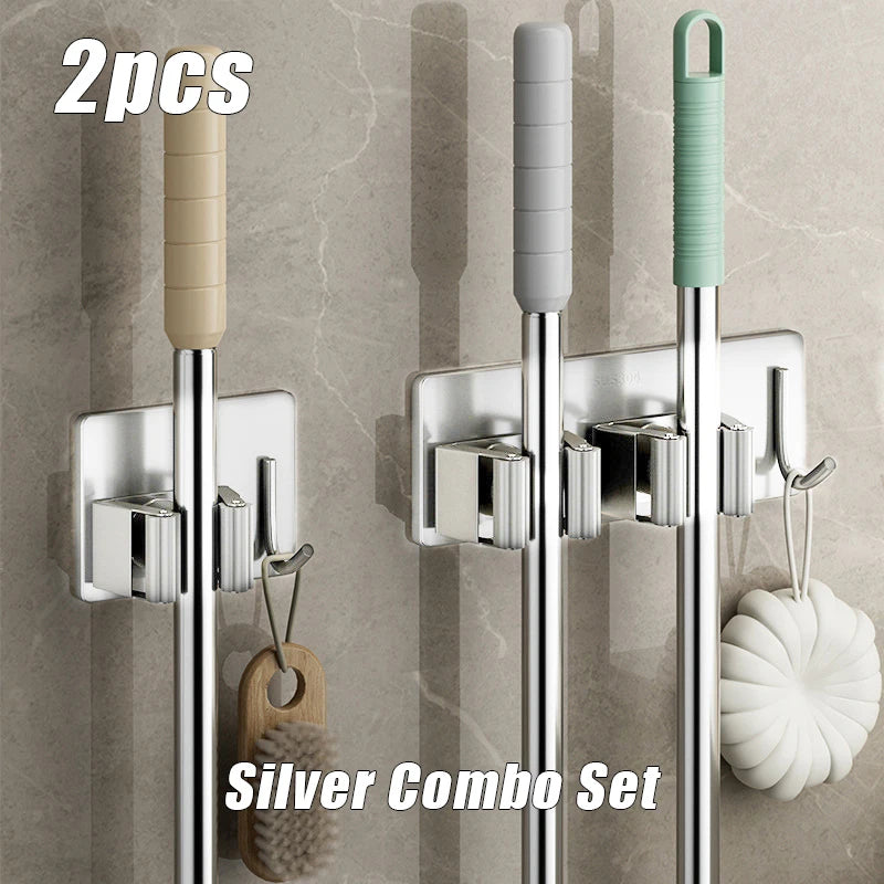 1-3PCS Stainless Steel Household Storage Rack Bathroom Nail-free Hook Wall-mounted Mop Storage Rack Waterproof Broom Rack Oasis Select Silver Combo Set