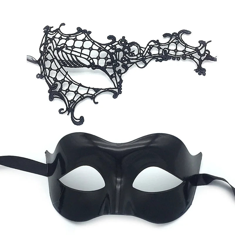 2pcs Elegant Black Lace Masquerade Mask Set for Couples Perfect for Venetian Party, Mardi Gras, and Halloween Celebrations Oasis Select Set B