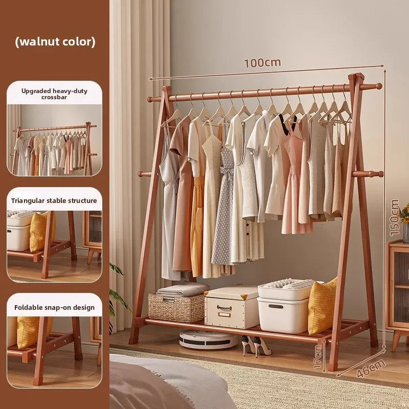 Solid wood coat rack household hanger floor-to-ceiling bedroom balcony drying clothes storage rack hanging bag rack Oasis Select Walnut-100cm