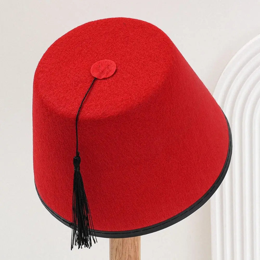 Round Felt Fez Cap Moroccan Hat Breathable Tarboosh Fez Hat Ottoman Red Color Turkish Tassels Cap Role Play Headwear Oasis Select