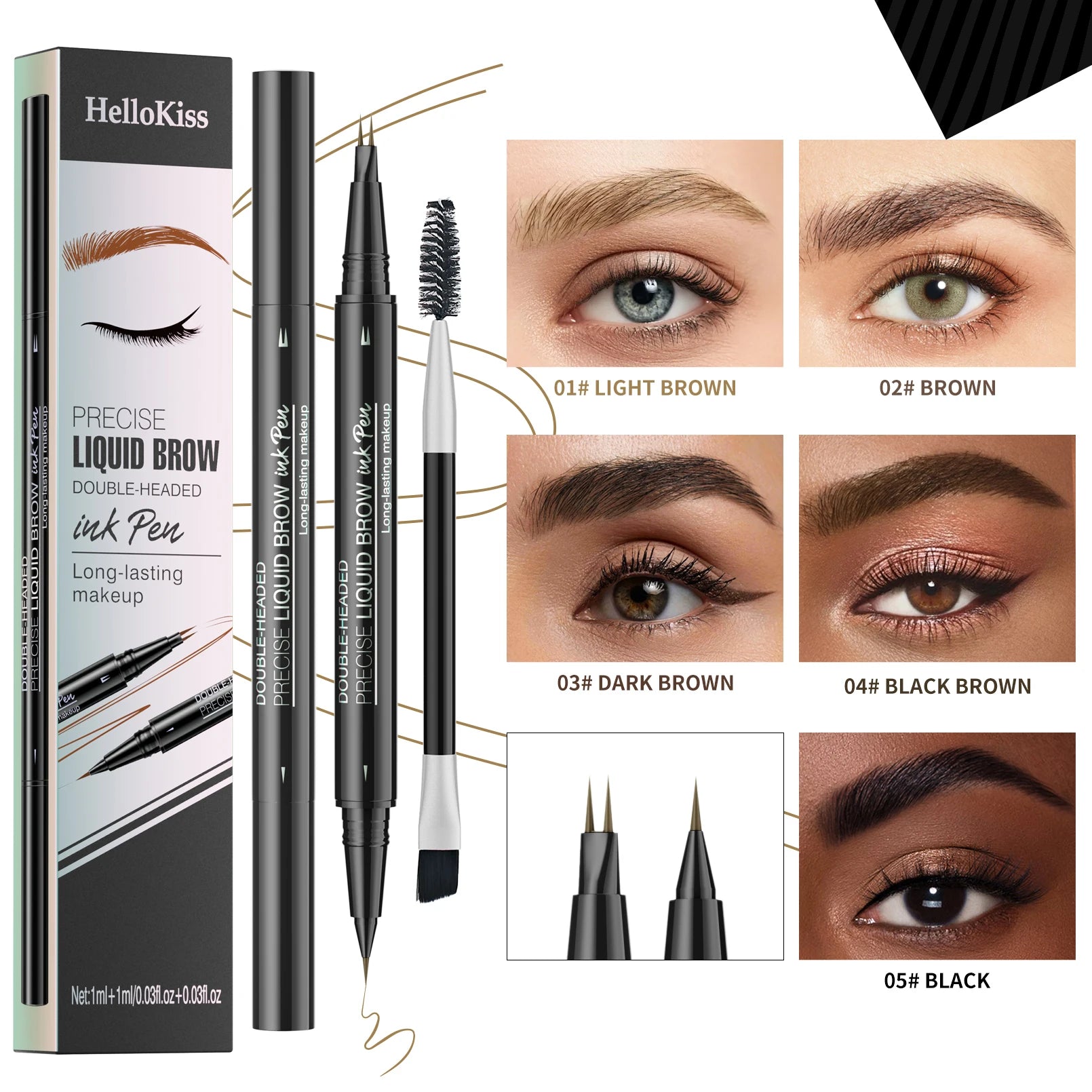 Hello Kiss Microblading Eyebrow Pen – Waterproof, 4-Tip, 5 Colors
