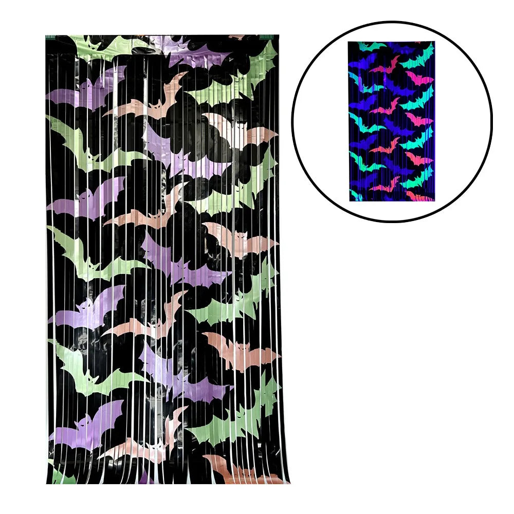 1x2M Fluorescent Tinsel Curtain Bat Pattern Cartoon Wall Hanging Bat Pendants Funny Reusable Scary Background Wall Tassel Oasis Select 1x2M