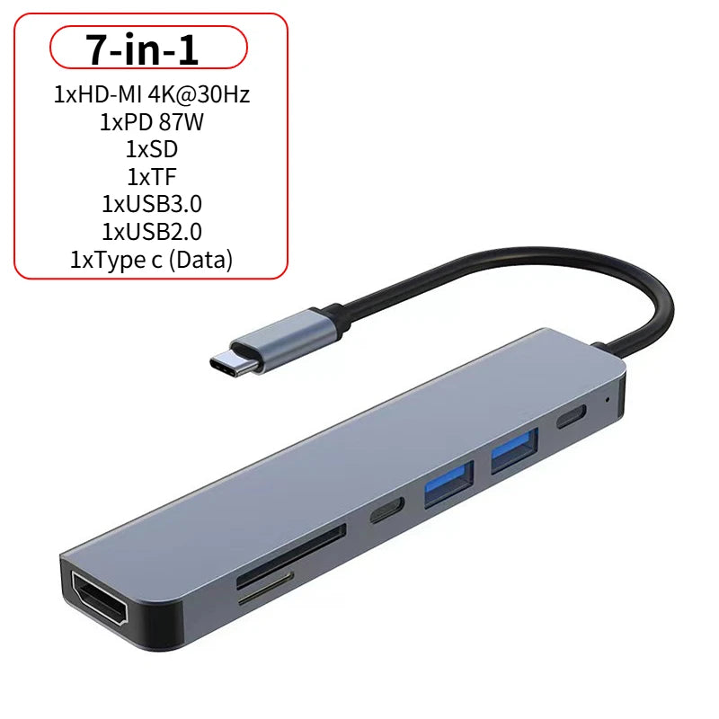 USB 3.0 Type-C Hub To HDMI Adapter 4K 30HZ SD TF Card PD 87W Fast Charge Splitter USB Docking Stations Hub for MacBook Compute Oasis Select 7-in-1