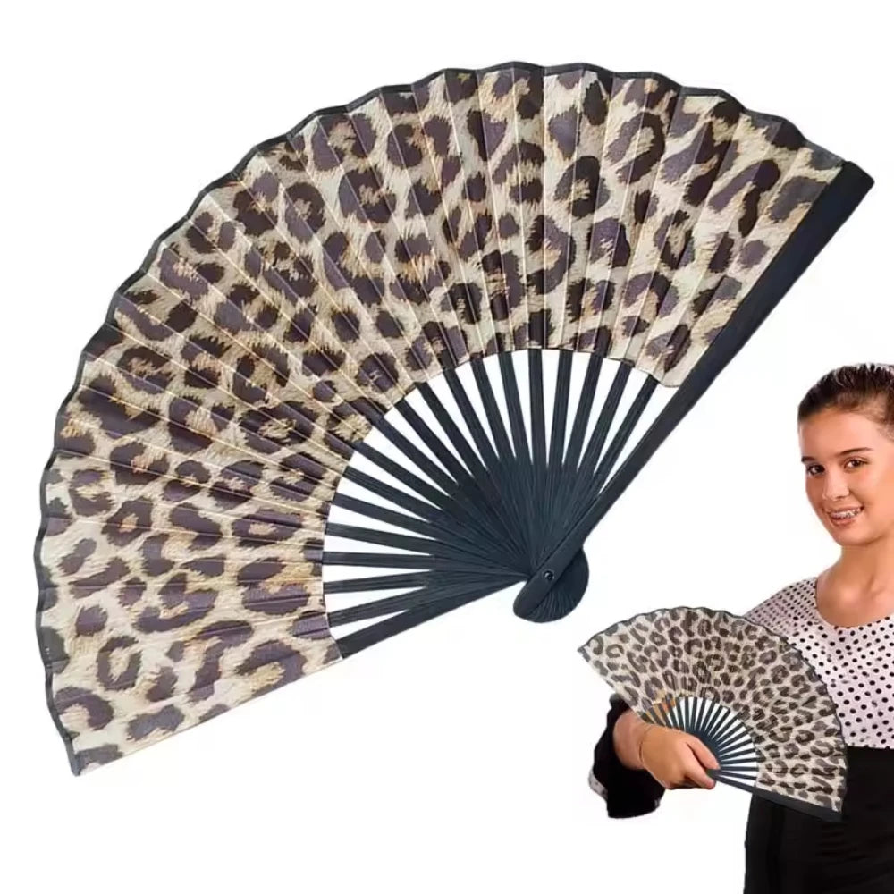 Elegant Leopard Print Folding Fan with Black Frame - Stylish Princess Theme, Lightweight & Portable for Women Oasis Select