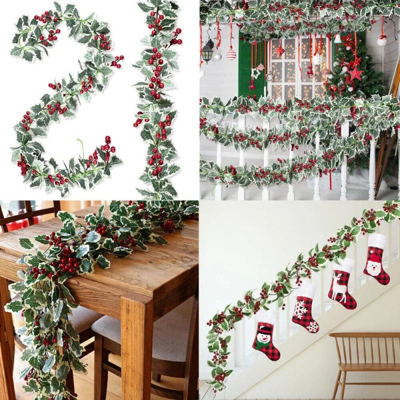 2M Christmas Garland String Light Artificial Red Berry Holly Leaves DIY Rattan Wreath For Xmas New Year Holiday Home Decoration Oasis Select