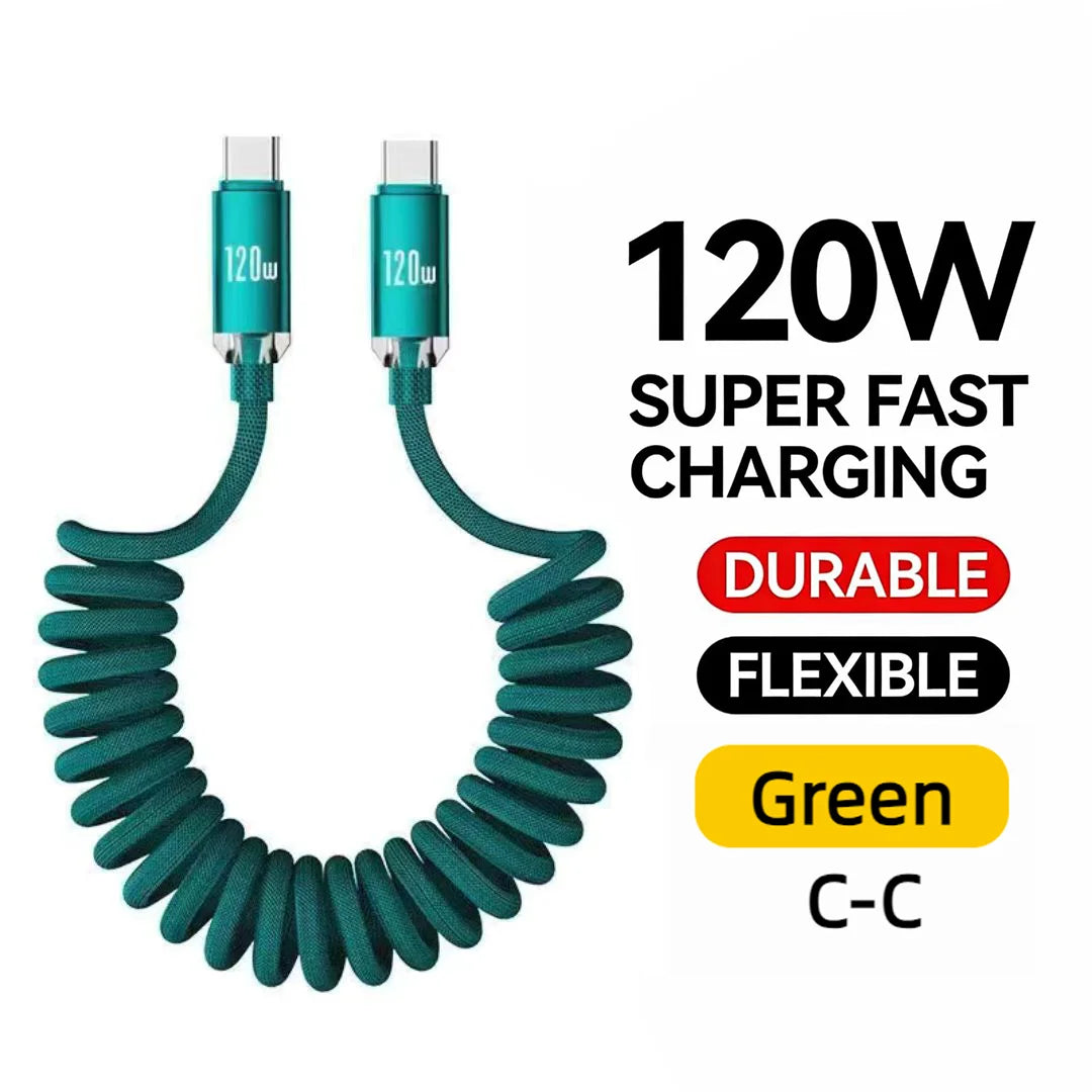 120W Spring USB Type C Cable Fast Charging For Huawei Xiaomi Mobile Phone Type C To USB C Cable For iPhone 15 16 Samsung Cable Oasis Select C to C Green 1m