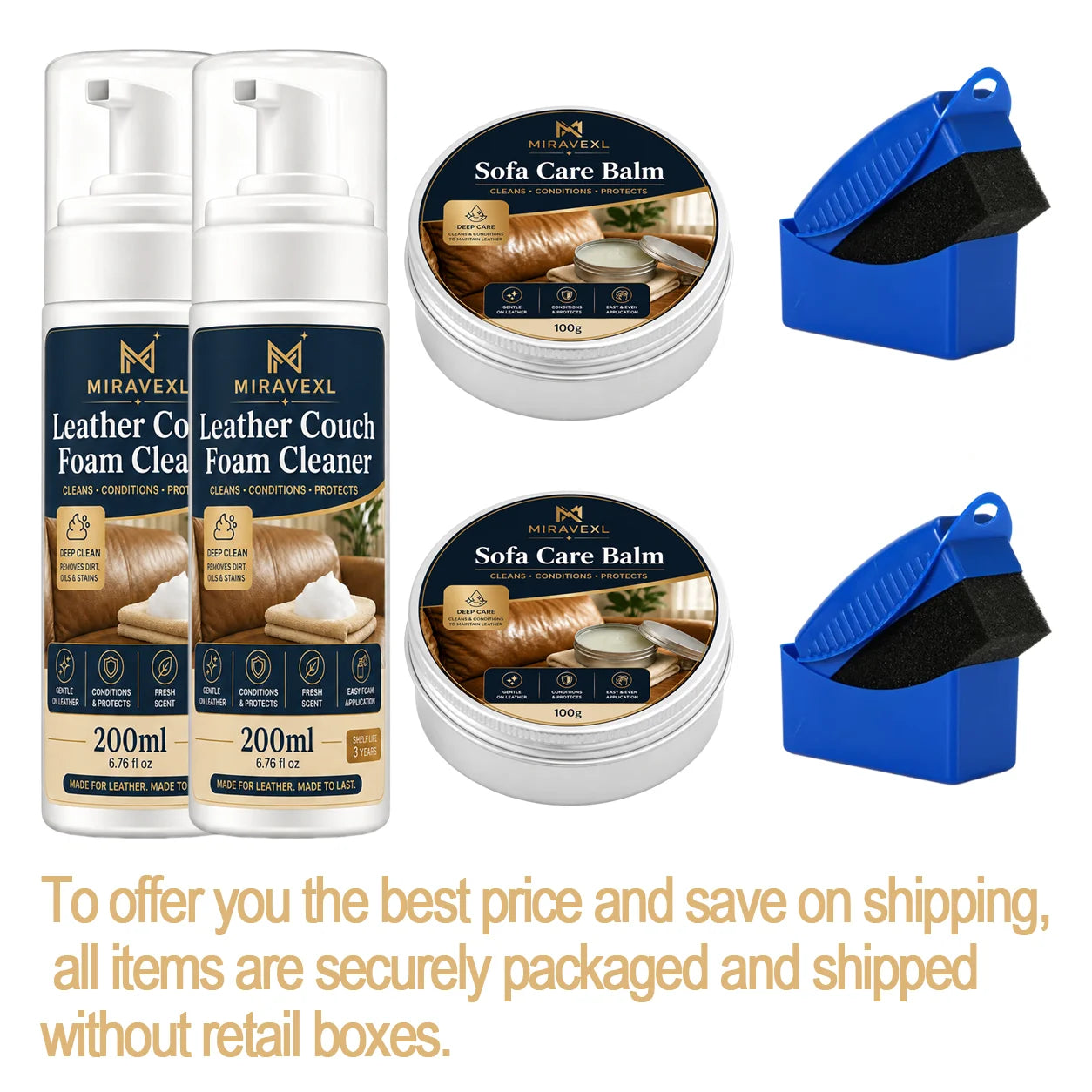 MIRAVEXL Leather Couch Foam Cleaner & Sofa Care Balm Kit with Sponge, Deep Clean,Condition and Protect Leather Seats for Home 2 Oasis Select 2SET