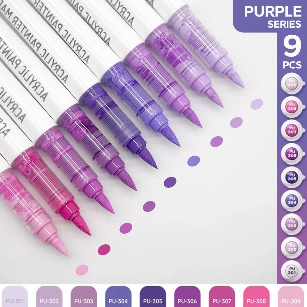 9pcs/set Acrylic Brush Markers Set -Pro Art Markers with Ink Control for Painting Drawing Sketching Art Supplies Highlighter Pen Oasis Select Purple Series