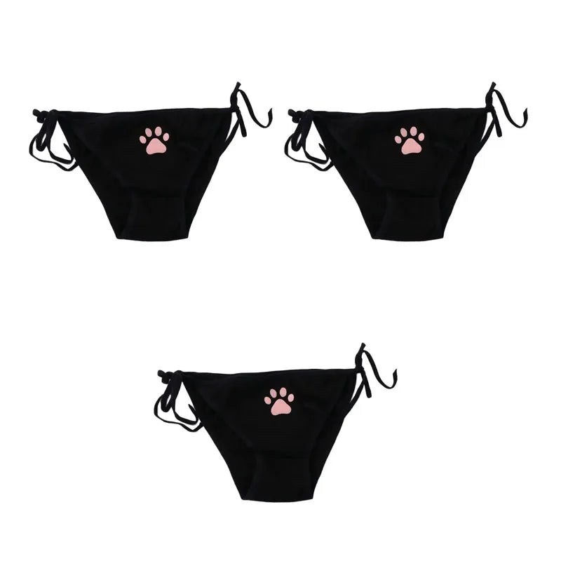 1/2/3/4pcs Women Sexy Sweet Cat Claw Briefs Low Waist Bowknot Bandage Lingerie Strings Strap Underwear Ladies Breathable Panties Oasis Select 3pcs black One Size as show