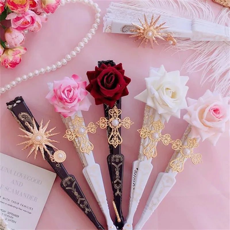 Lolita Gothic Fan Victorian Female Lace Hand Fan Vintage Black White Red Rose Bamboo Fans Cosplay Halloween Party Supplies Oasis Select