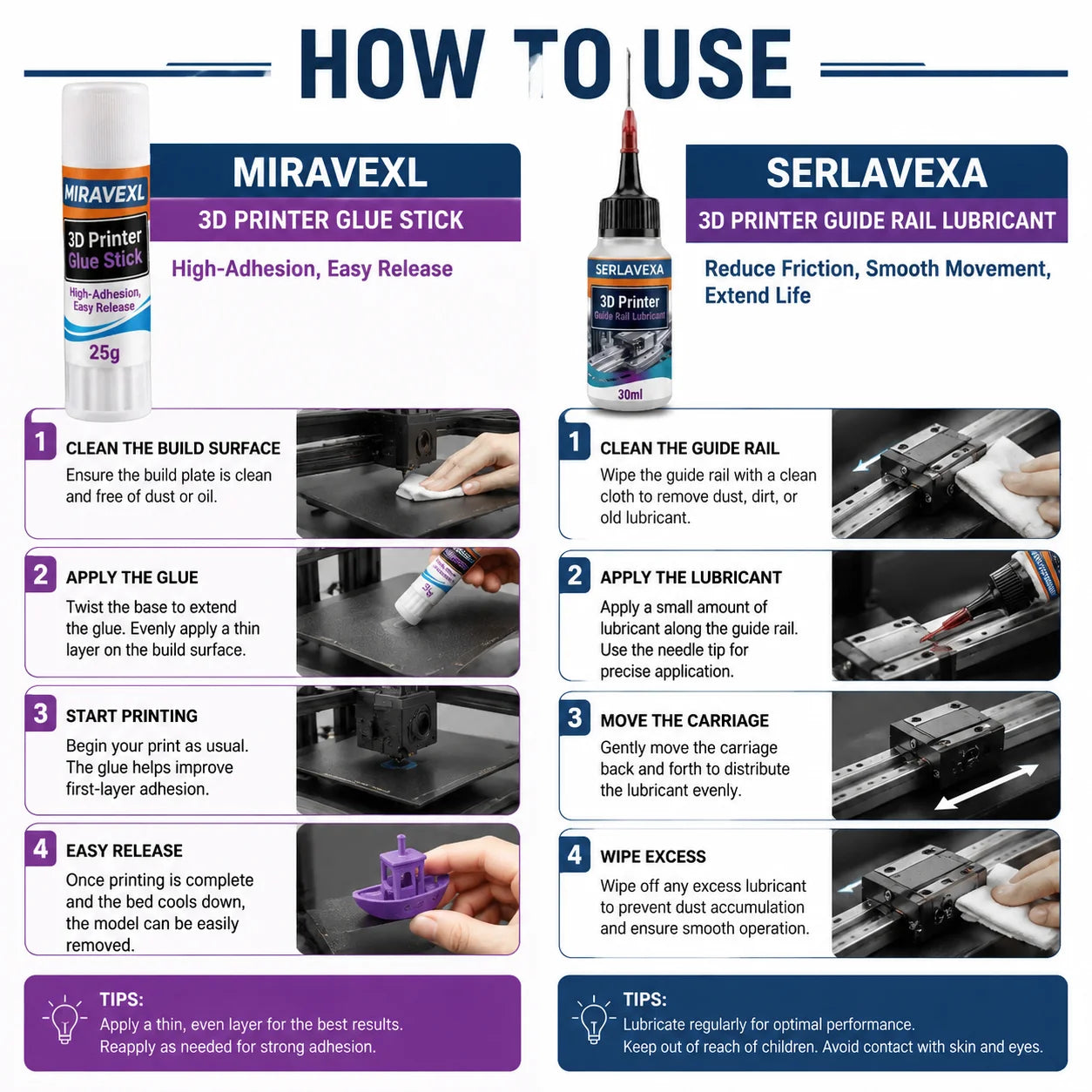 SERLAVEXA 3D Printer Lubricant 30ml and MIRAVEXL Glue Stick 25g Kit, for Smooth Guide Rails, Strong Adhesion, Easy Print Removal Oasis Select