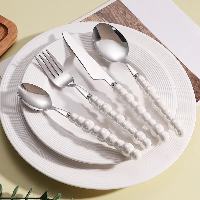 4Pcs/Set Luxury Ceramic Pearl Handle Cutlery Set Knife Fork Spoon Creative Cute Soup Spoon Western Food Steak Knife Spoon Fork Oasis Select