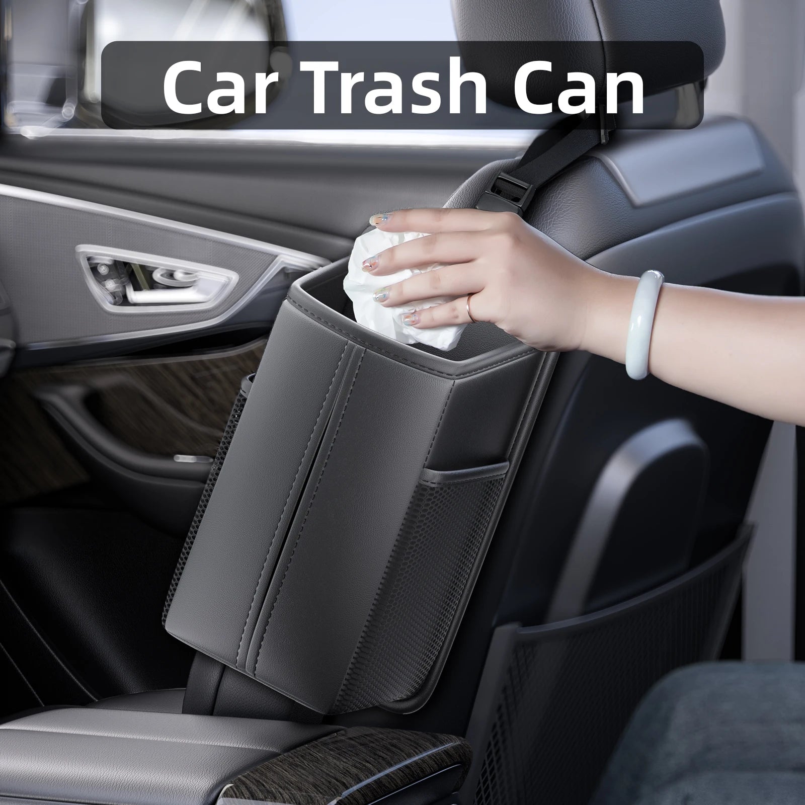 Leather Car Seat Side Organizer | Tissue, Phone & Cup Holder