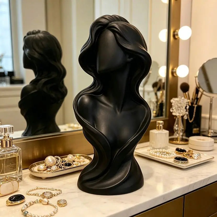 Elegant Wavy Hair Female Bust Statue Jewelry Holders Desk Ornaments Minimalist Necklace Display Mannequin Home Decorations Gifts Oasis Select Navy 15cm