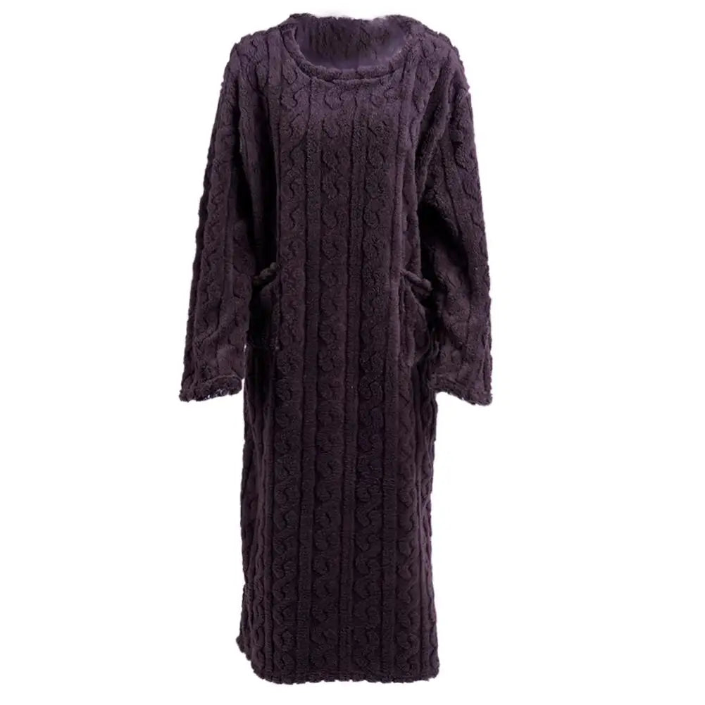 Winter Warm homewear Long Sleeve Double Pocket Flannel Nightgowns Women Loose Solid Sleepwear Jacquard Night Dress Thickened Oasis Select One size brown