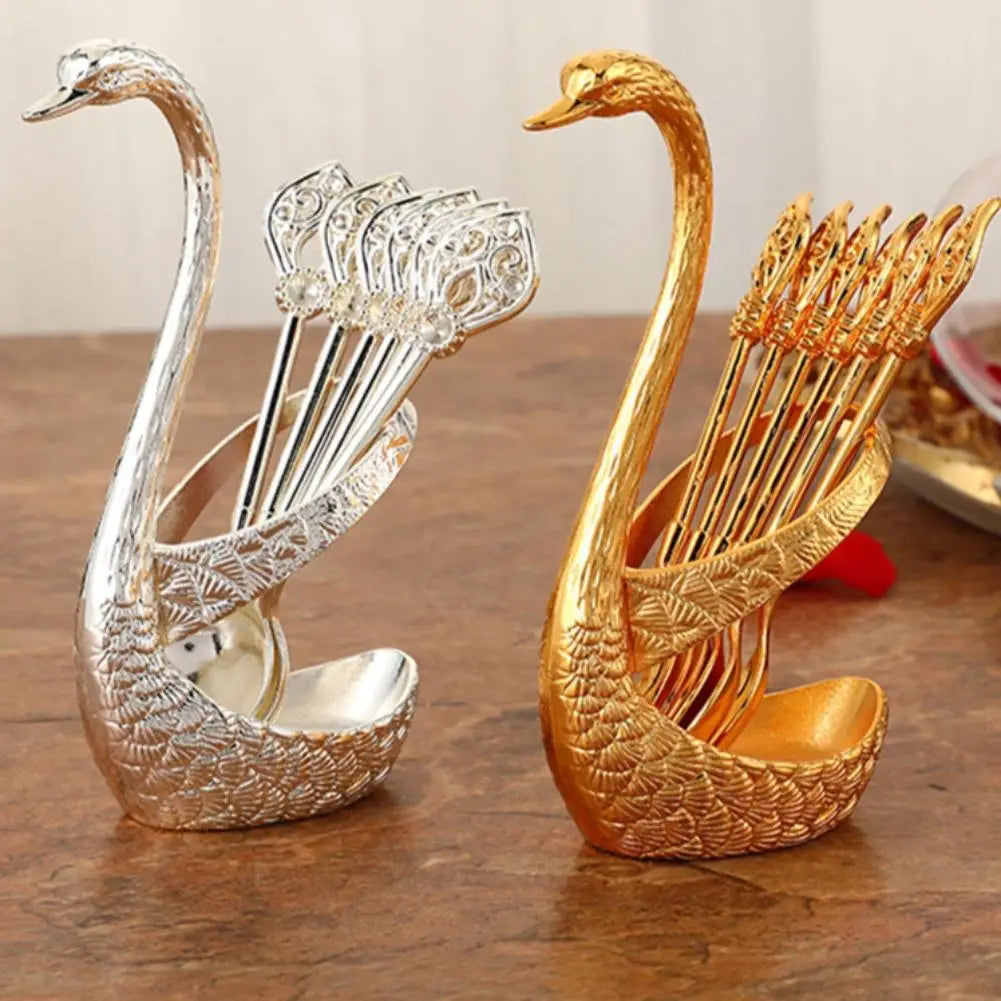 Stainless Steel Creative Dinnerware Set Decorative Swan Base Holder With 6 Spoons For Coffee Tea Cake Dessert Kitchen Supplies Oasis Select