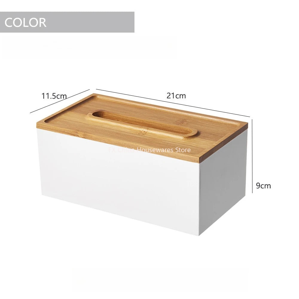 Japanese Style Bamboo Lid Tissue Box Holder - Plastic Desktop Organizer for Living Room, Bathroom, Office, Kitchen Storage Oasis Select White