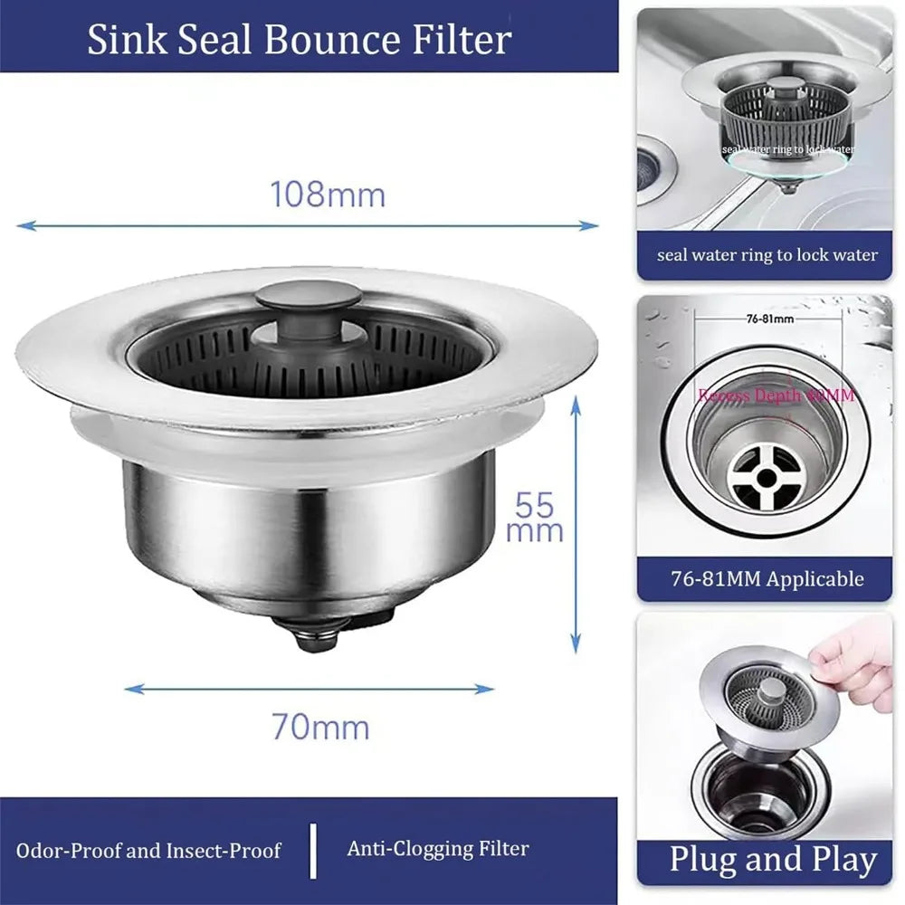 3-in-1 Kitchen Sink Drain Strainer, Stopper & Odor Filter
