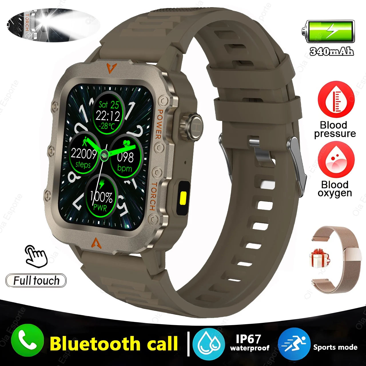 Men's Military Outdoor Smartwatch | Bluetooth Call & LED Flashlight