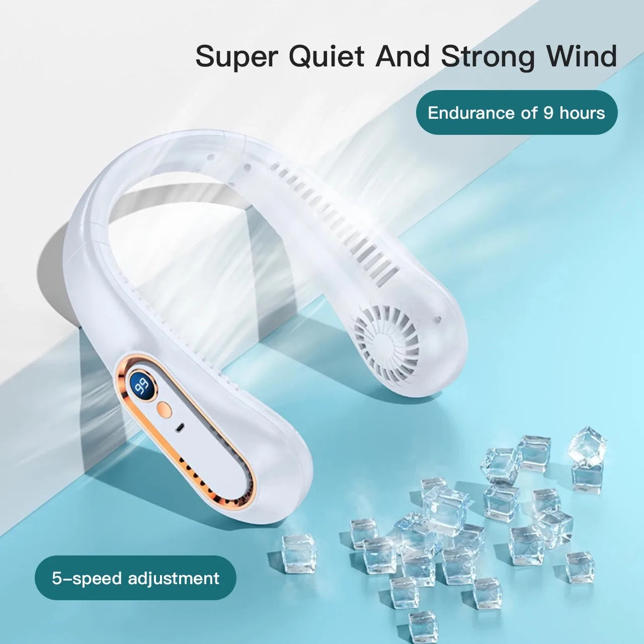 3000mAh Bladeless Neck Fan – USB Rechargeable, 5-Speed, LED Display