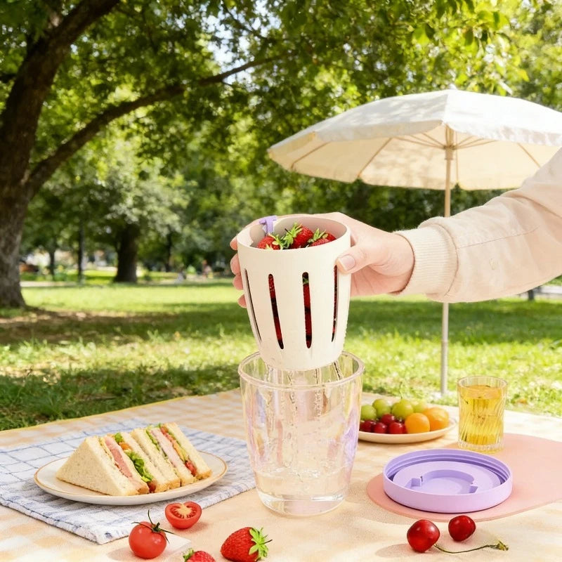 Portable Cylindrical Food Container with Fork Built in Drain Plastic Fruit Storage Cup Multi Purpose Lunch Box for Daily Snacks Oasis Select