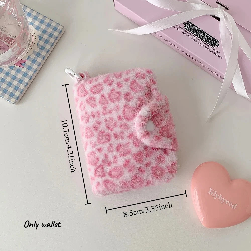 1pcs Female Leopard Print Plush Snap Button Coin Purse High-value Pendant Small Wallet Student Portable Meal Card Storage Bag Oasis Select pink