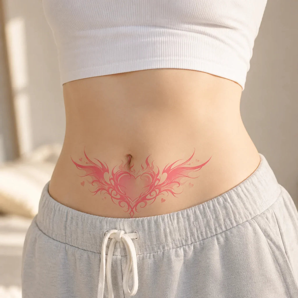 Pink Heart Wing Disposable Tattoo Sticker, Temporary Waterproof Belly Tattoo Sticker, 16x8 cm Oasis Select