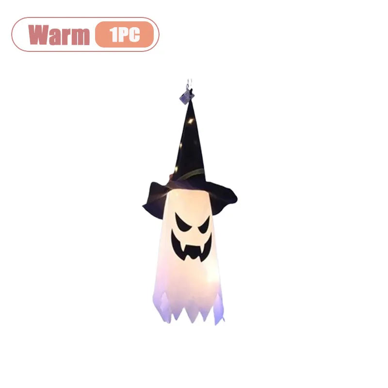 1-5PCS Halloween Wizard Hat Ghost Hanging Decoration Spooky Room Ambiance for Ghost Festival Party Scary Decor Flash Pendant Oasis Select Warm Light-1PC Small