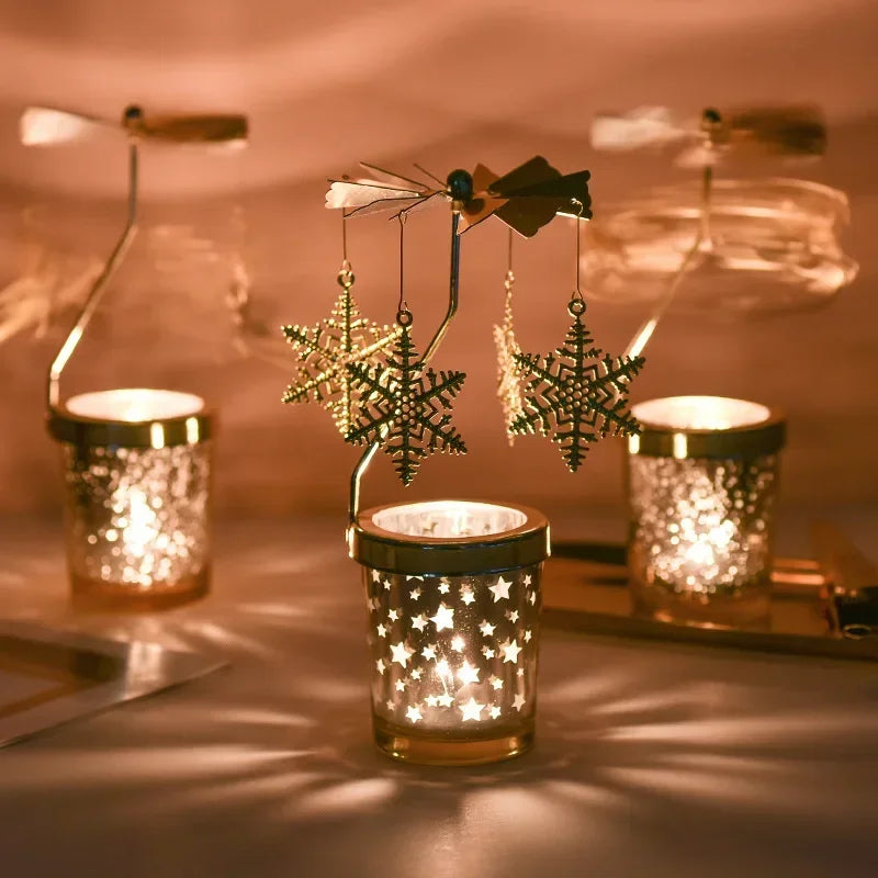 Gold Romantic Rotating Candlesticks Home Christmas Party Decoration Snowman Rotation Spinning Carrousel Tea Light Candle Holder Oasis Select