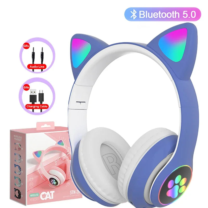 Bluetooth 5.0 Stereo With Mic Flash Lamp Cute Cat Ears Headphone Support TF Card Wireless Kids Girl Earphone Birthday Gift Oasis Select Blue
