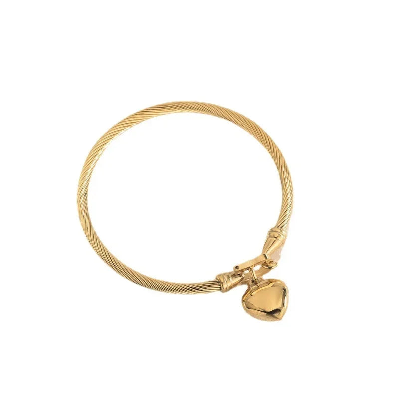 Gold Color Stainless Steel Heart Pendant Charm Bangle Bracelets For Men Women Oasis Select Light Yellow Gold Color