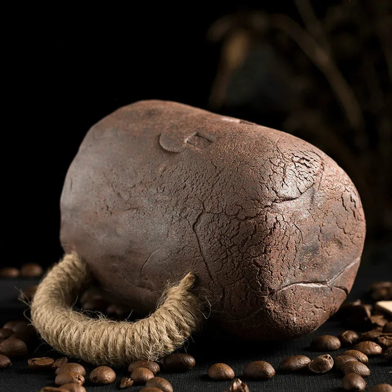 Handmade thick ceramic mug with lid spoon creative tie rope ceramic large capacity Japanese coffee cup cups Oasis Select