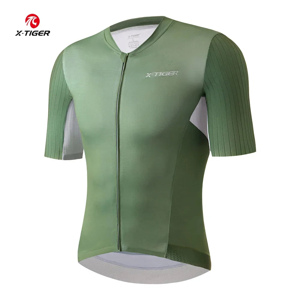 X-TIGER High Quality Cycling Jersey Sports Breathable Short Shirt Slim Bicycle Clothes Professional Men TMB Road Racing Jersey Oasis Select Green Asian-XXL