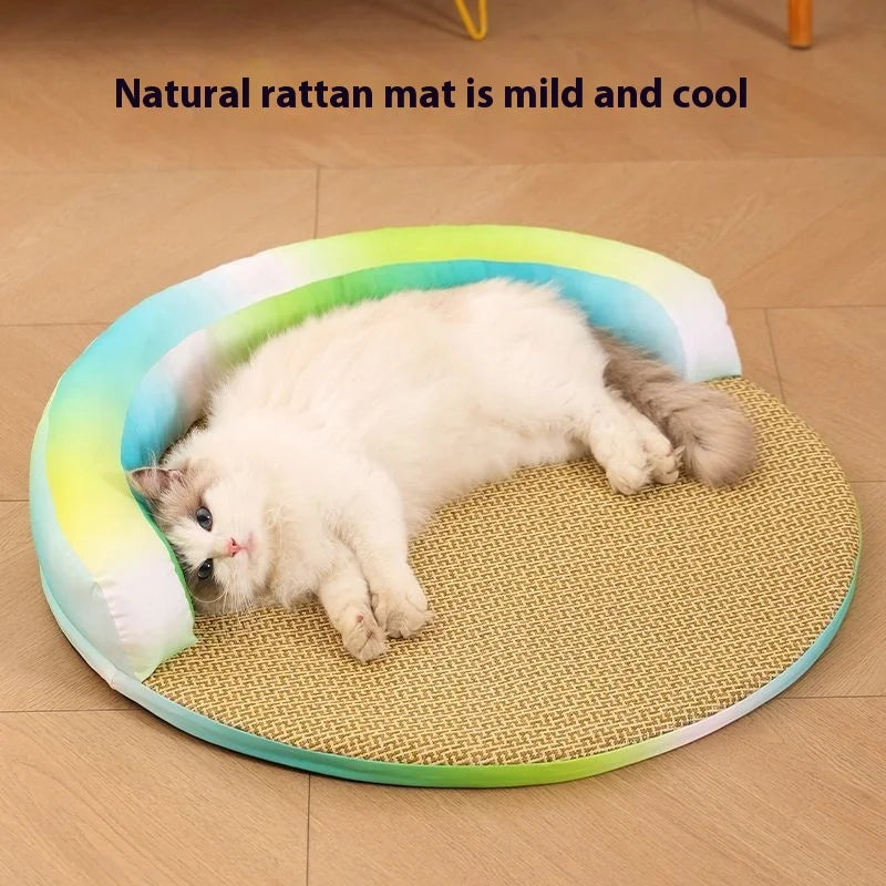 Summer Cooling Pet Bed - Detachable Rattan Mat, Ice Silk Cat/Dog Bed for All Seasons Premium Pet Cooling Bed Detachable Rattan Oasis Select