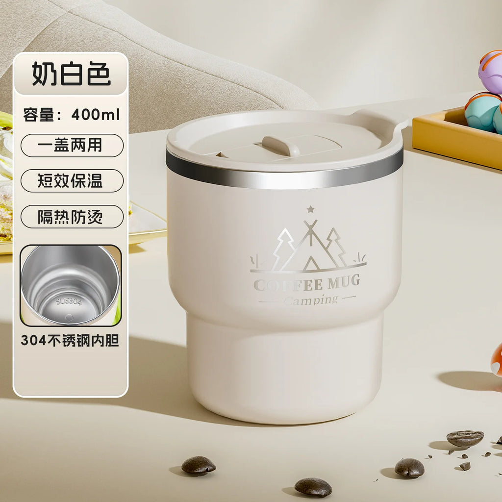 2Pcs 304 Stainless Steel Insulated Coffee Mug 13.53oz Double Wall Portable Camping Thermal Cup Leakproof Office Milk Tumbler Oasis Select Milky White 2pcs 400ml