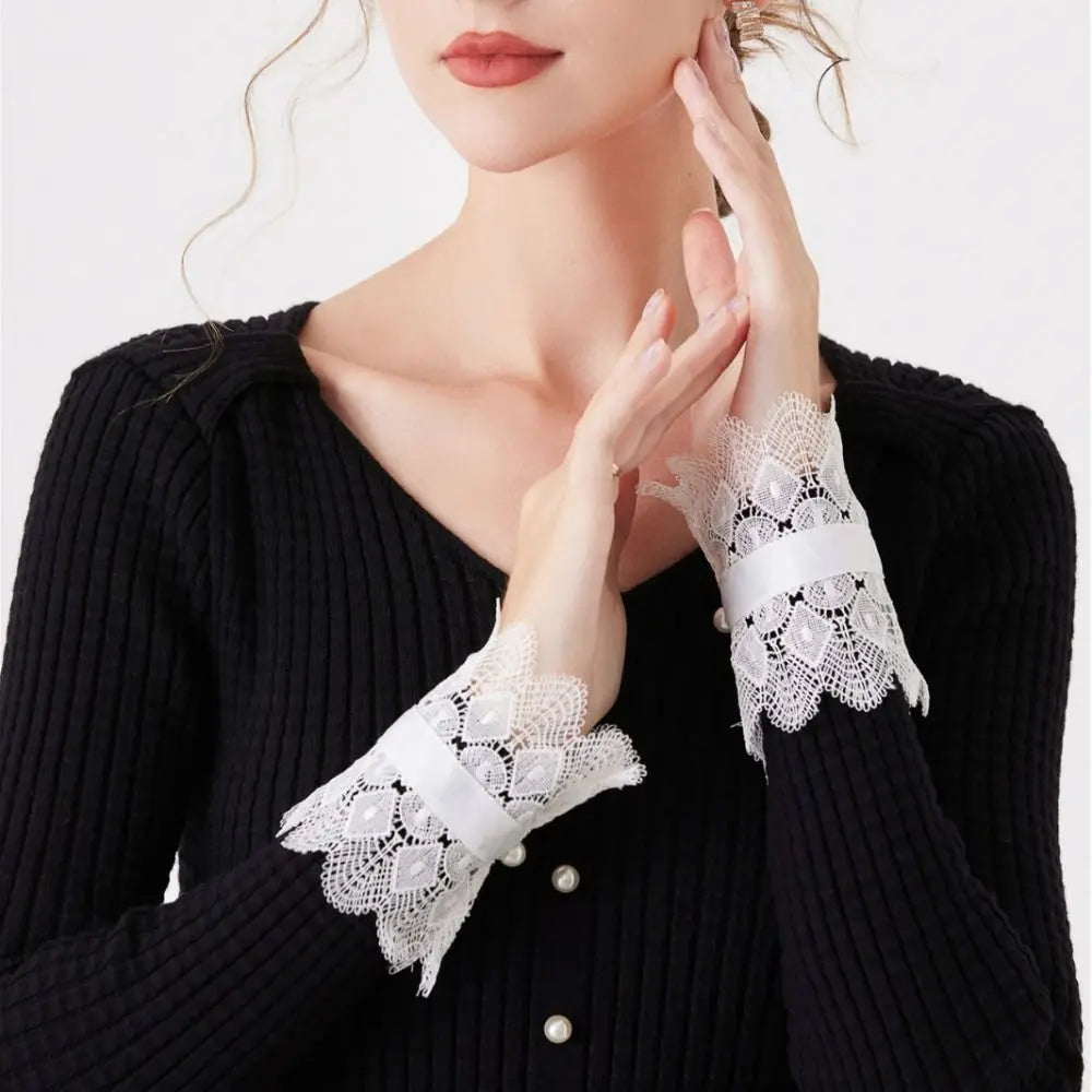 Fashion Polyester Detachable Lace Sleeves Lace White Fake Arm Sleeves Floral Embroidery Cuffs Women Oasis Select