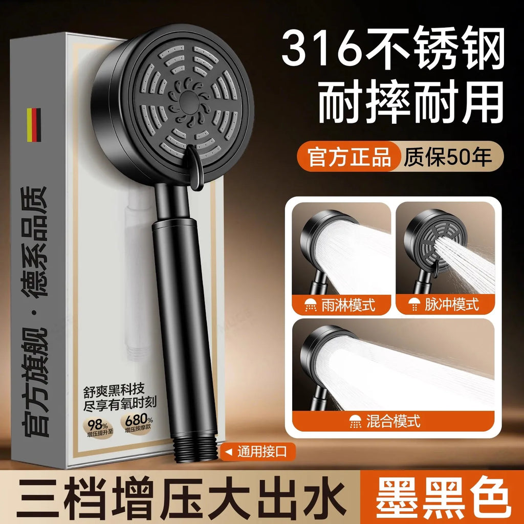 New 316 Stainless Steel 3 Modes Shower Nozzle Filter Booster Large Water Volume Handheld Household Universal Shower Head Set Oasis Select Black Shower