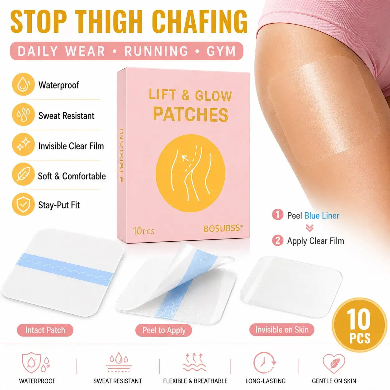 10Pcs Invisible Anti-Chafing Thigh Patches, unisex clear thigh guards, soft leg protection strips for daily wear, running & fitn Oasis Select Default Title