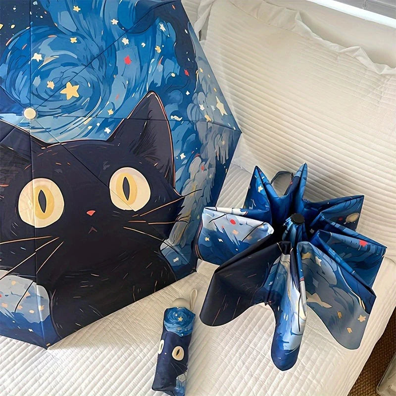 Blue cartoon cat folding umbrella professional sun protection and UV protection umbrella suitable for sunny and rainy days. Oasis Select