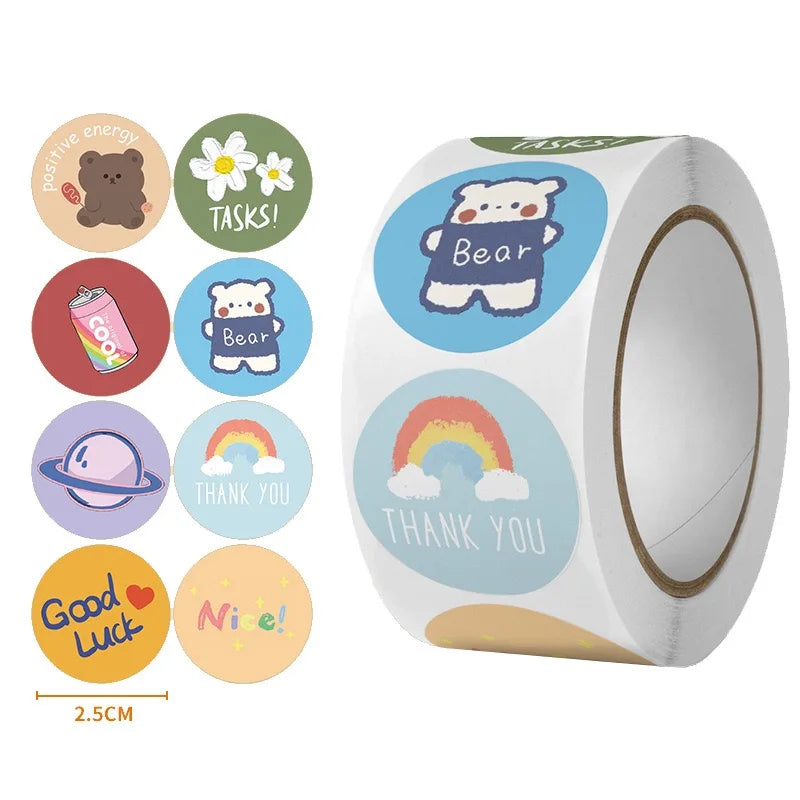 500pcs/roll 1 inch Cute Cartoon Stickers for Gift Wrap, Envelope Closure, Small Business Office Supplies, Diy Decor Oasis Select 500pcs