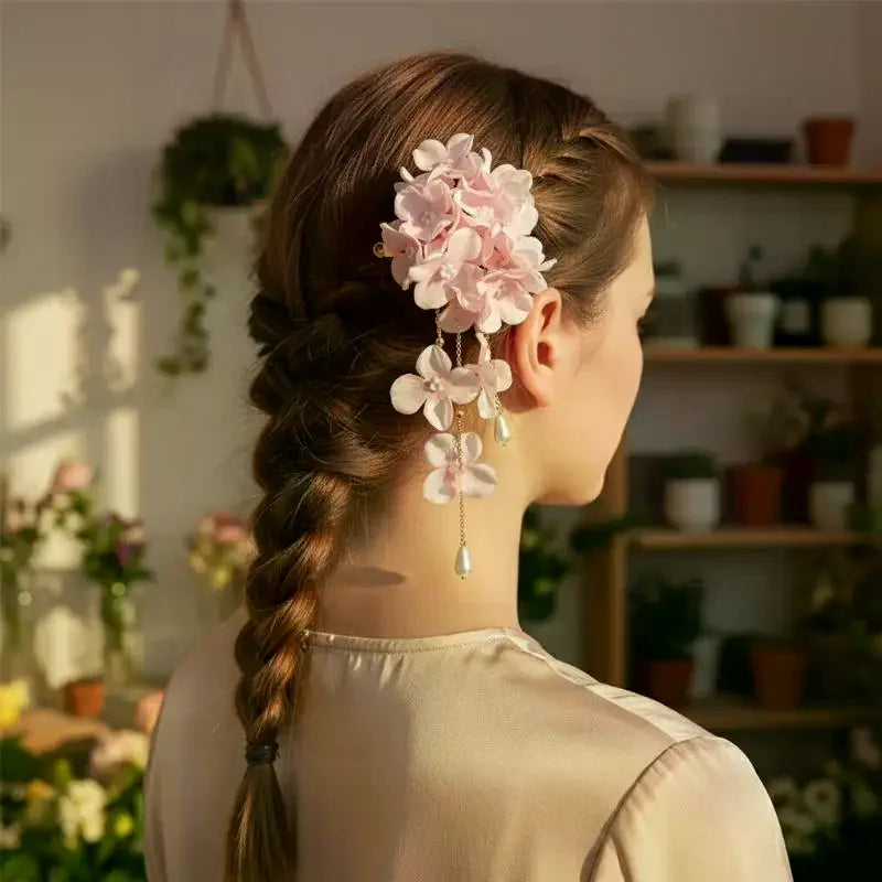 Fabric Flower Tassel Pearl Hair Clips – Women & Girls