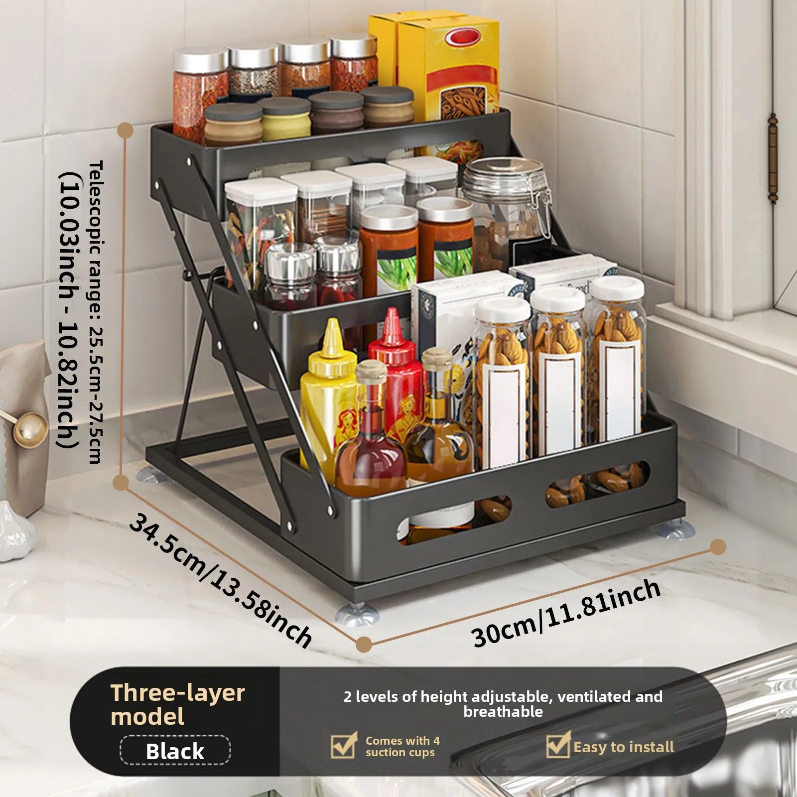 Kitchen seasoning rack adjustable high condiment rack countertop household snap-on oil, salt, sauce and vinegar seasoning Oasis Select Black three layers