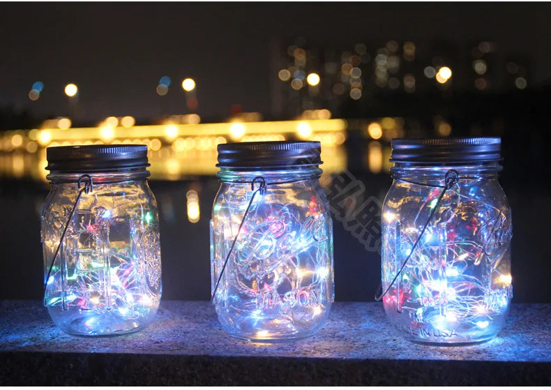 Solar - Powered Mason - Jar - Style Wish Lanterns: Outdoor Hanging Glass Jar Lights for Courtyards, Lawns & Walls Oasis Select 20 beads four color