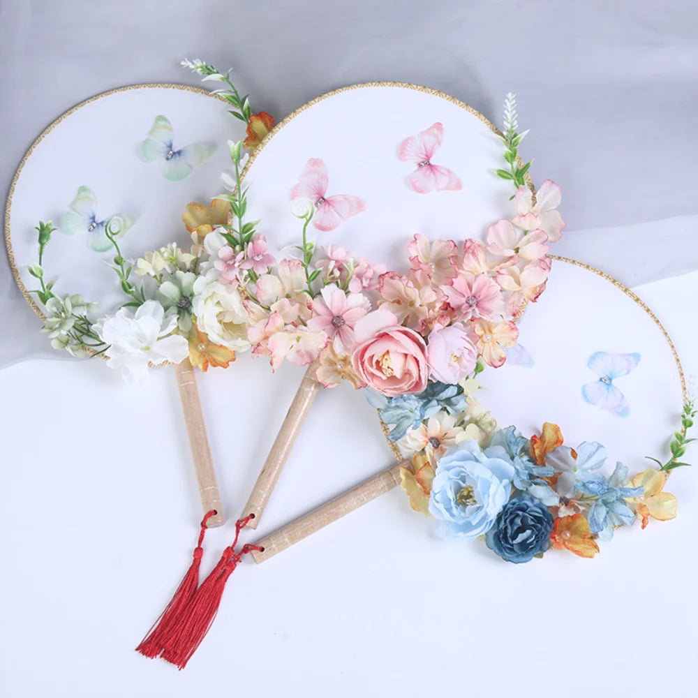 Exquisite Flower Butterfly Round Fan Women Dance Performance Props Wedding Craft Home Decoration Oasis Select