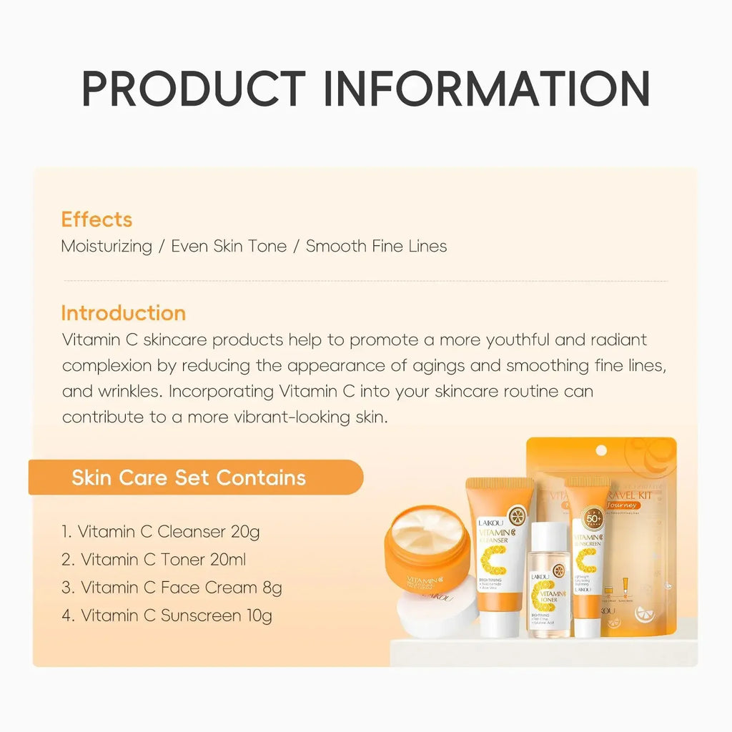 Vitamin C Skincare Set 4pcs Travel Kit Cleanser Toner Essence Cream Sunscreen Protection Deep Cleansing Moisturizing Facial Care Oasis Select