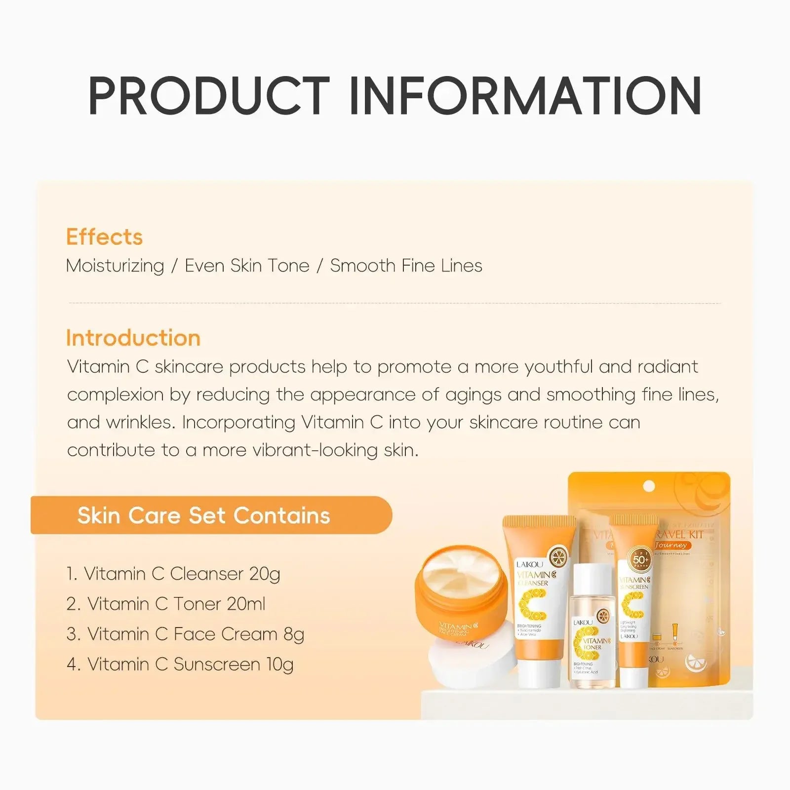 Vitamin C Skincare Set 4pcs Travel Kit Cleanser Toner Essence Cream Sunscreen Protection Deep Cleansing Moisturizing Facial Care Oasis Select